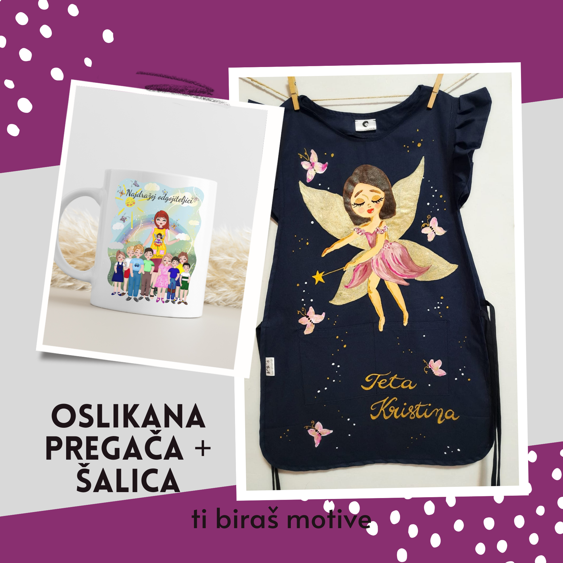 poklon za tetu u vrtiću personalizirani oslikana pregača kuta personalizirana šalica s printom pokloni za tete u vrtiću odgajateljice odgojitelje personalizirane šalice